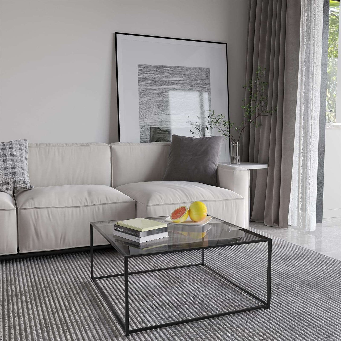 Minimalist Black Modern Glass Coffee Table, 26.7" x 26.7" x 15.7"
