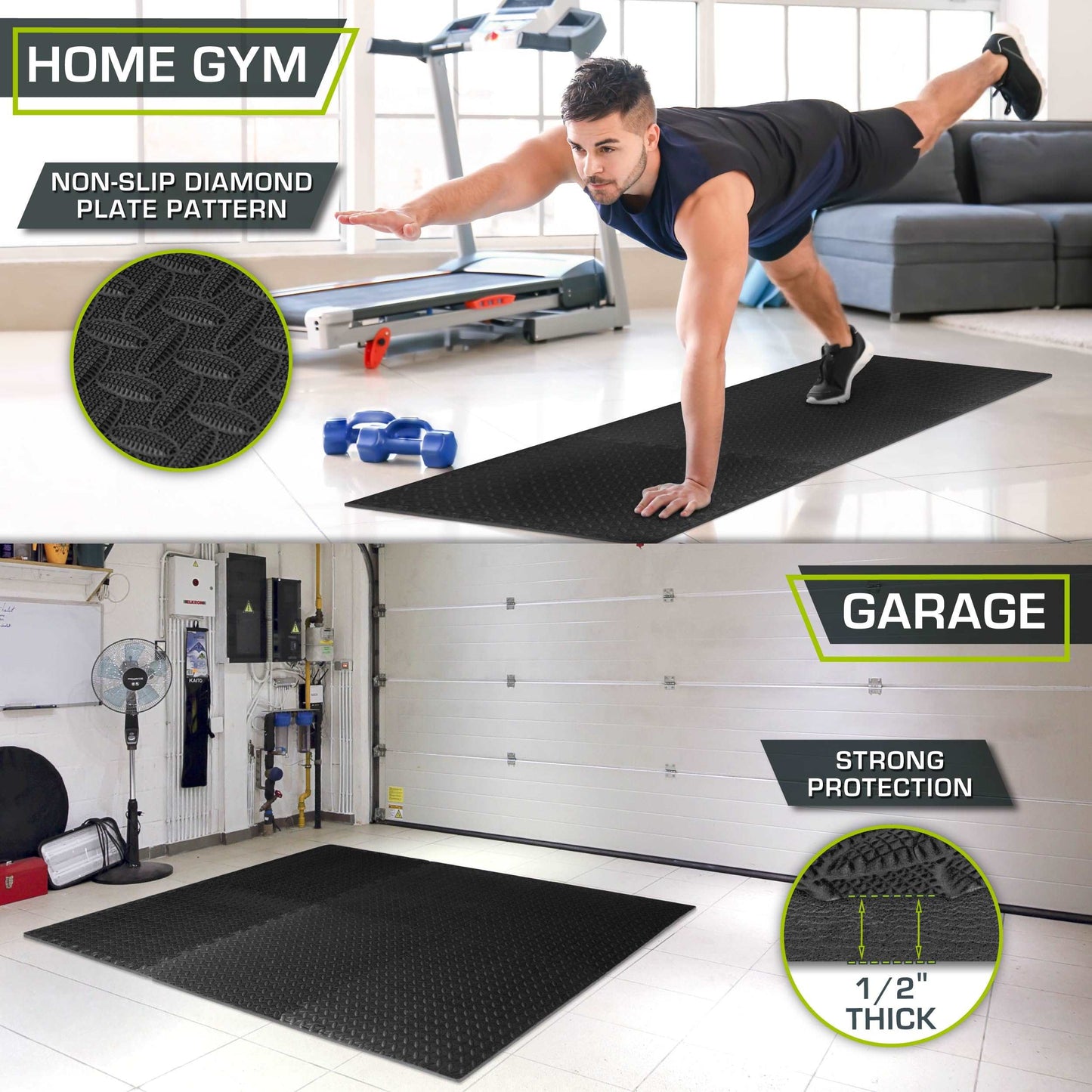 Minimalist Black EVA Interlocking Foam Floor Tiles, Exercise Mat for Home Gym, 24"x24"x ½", 24 Sq Ft / 6 Tile Set