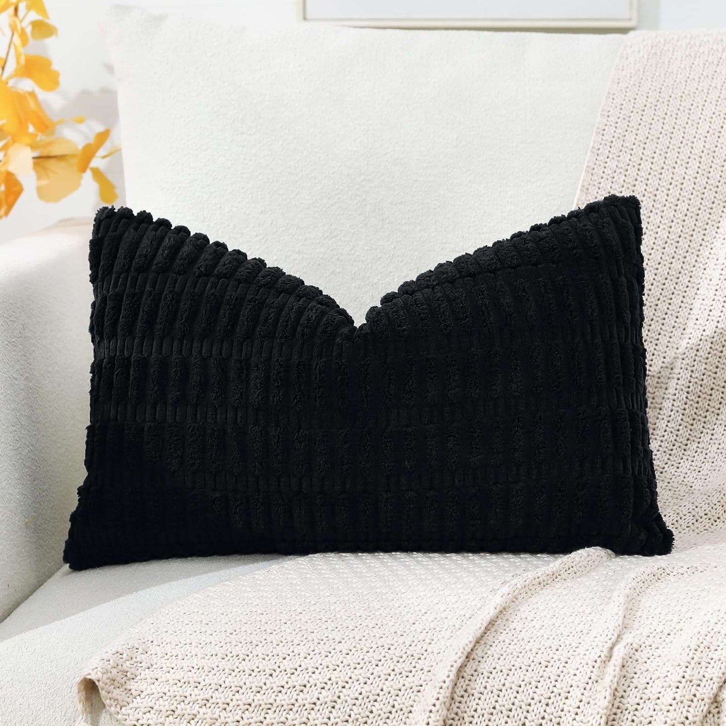Minimalist Black Corduroy Throw Pillow Covers 16" x 24"