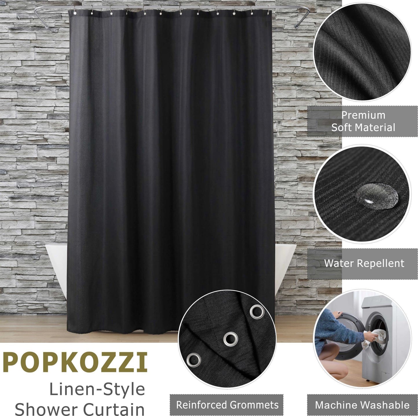 Minimalist Black Water Repellent Washable Shower Curtain