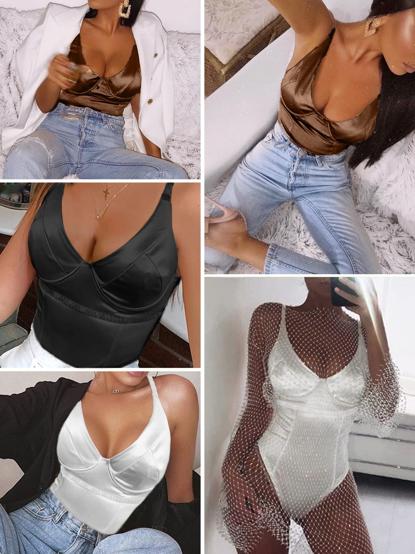 Minimalist Black V Neck Satin Bodysuit