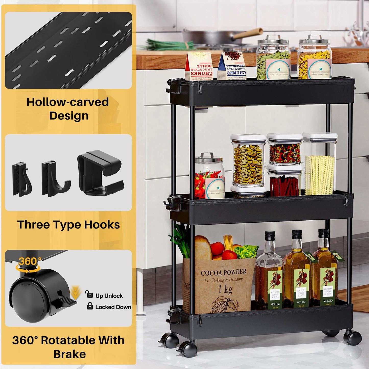 Minimalist Black 3 Tier Slim, Mobile Rolling Storage Cart for Narrow Spaces