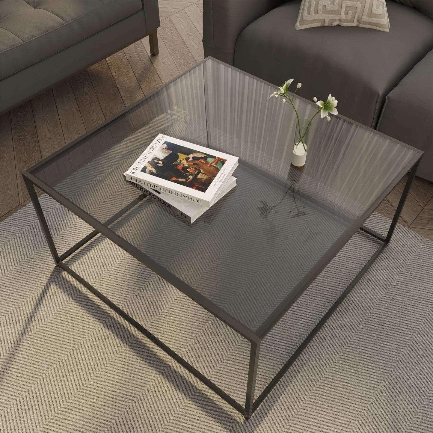 Minimalist Black Modern Glass Coffee Table, 26.7" x 26.7" x 15.7"