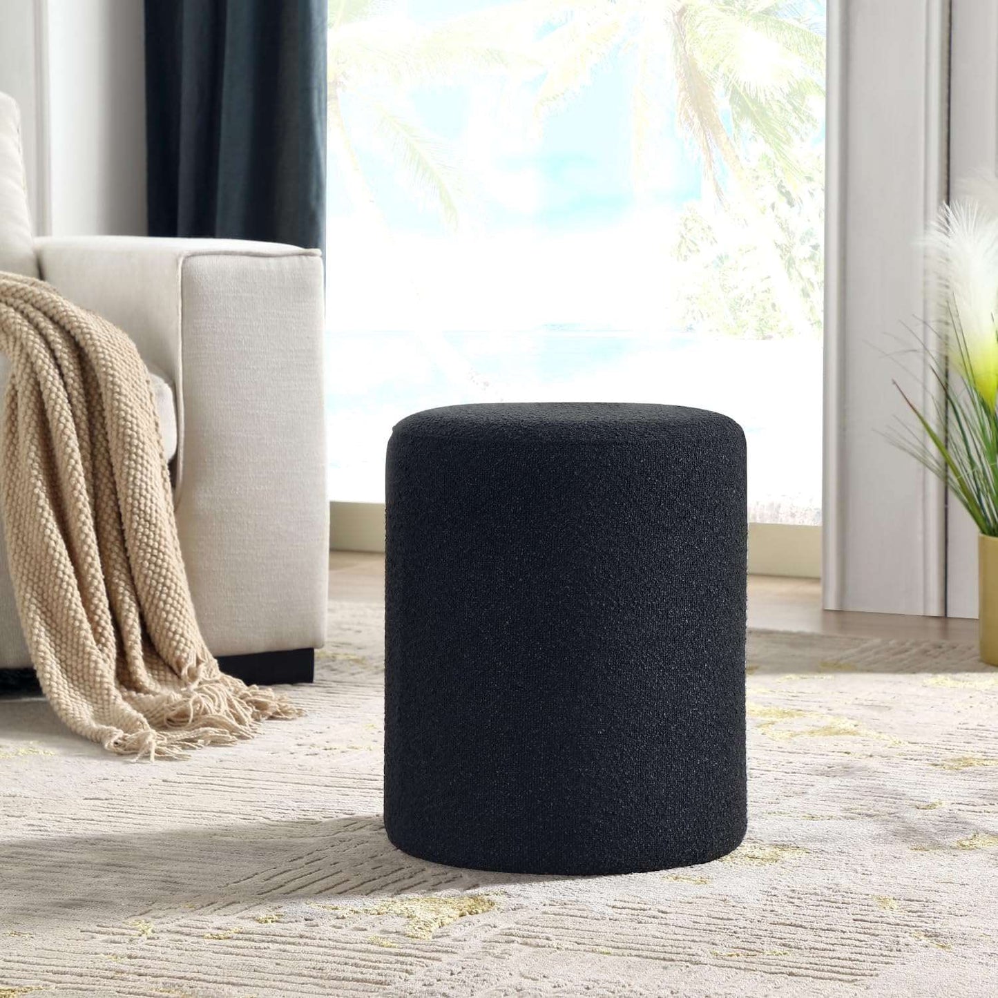 Minimalist Black Modern Round Upholstered Ottoman with Soft Padded Seat, Multifunctional Vanity Chair, Footrest, Stool, Ottoman Foot Stool for Living Room, Bedroom, Bathroom