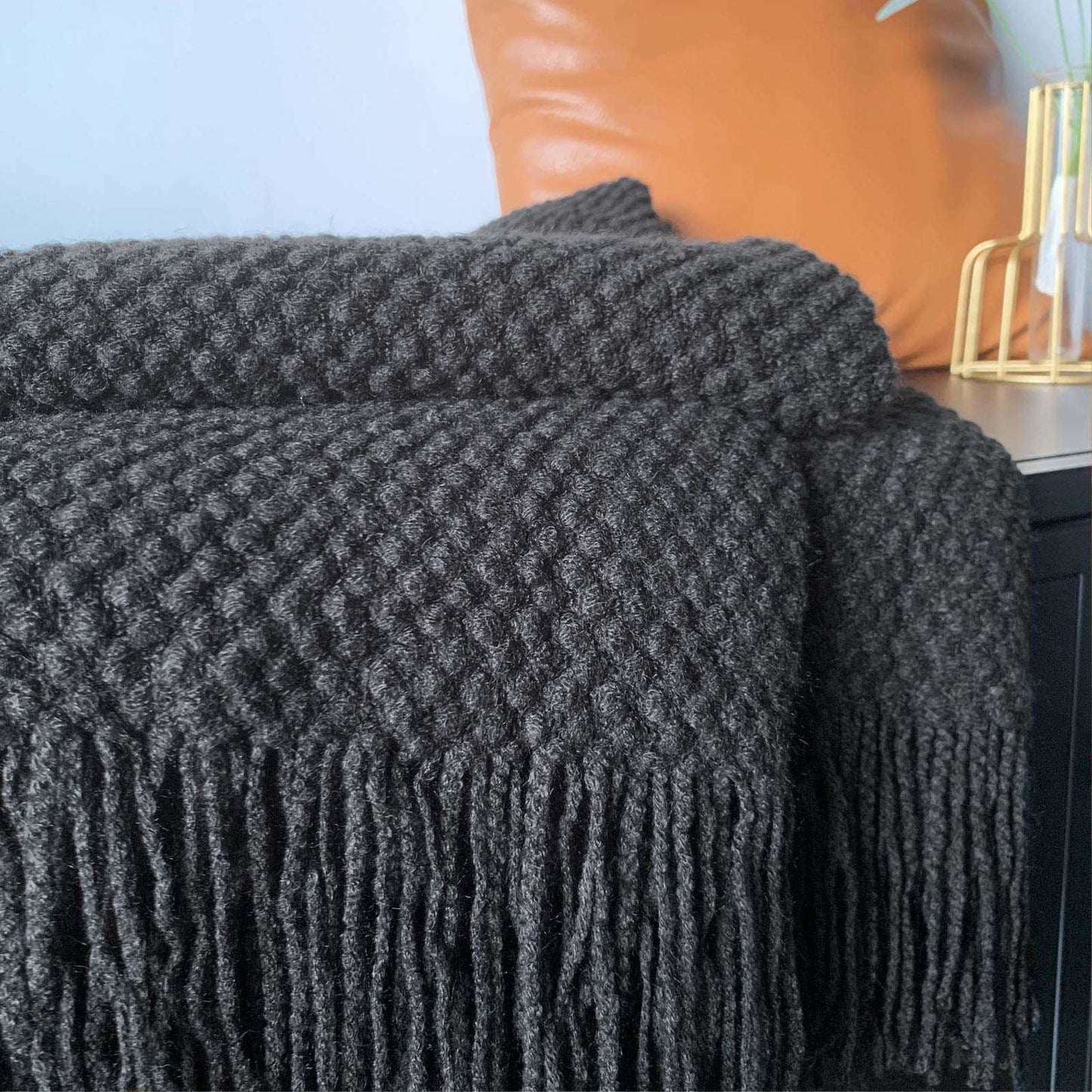 Minimalist Black Knitted Throw Blanket w/Tassels, 50"x60"