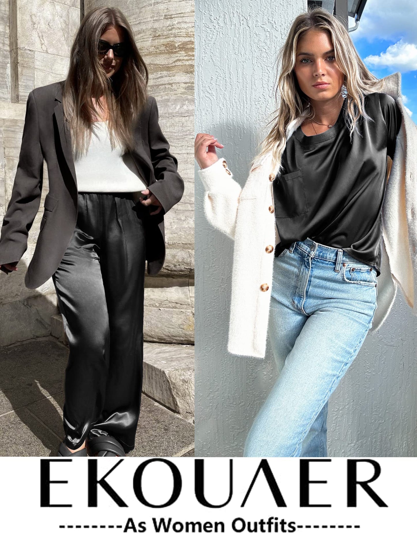 Minimalist Black Satin Women's Pyjama, Loungewear Short Sleeve and Pants, 2 Piece Set