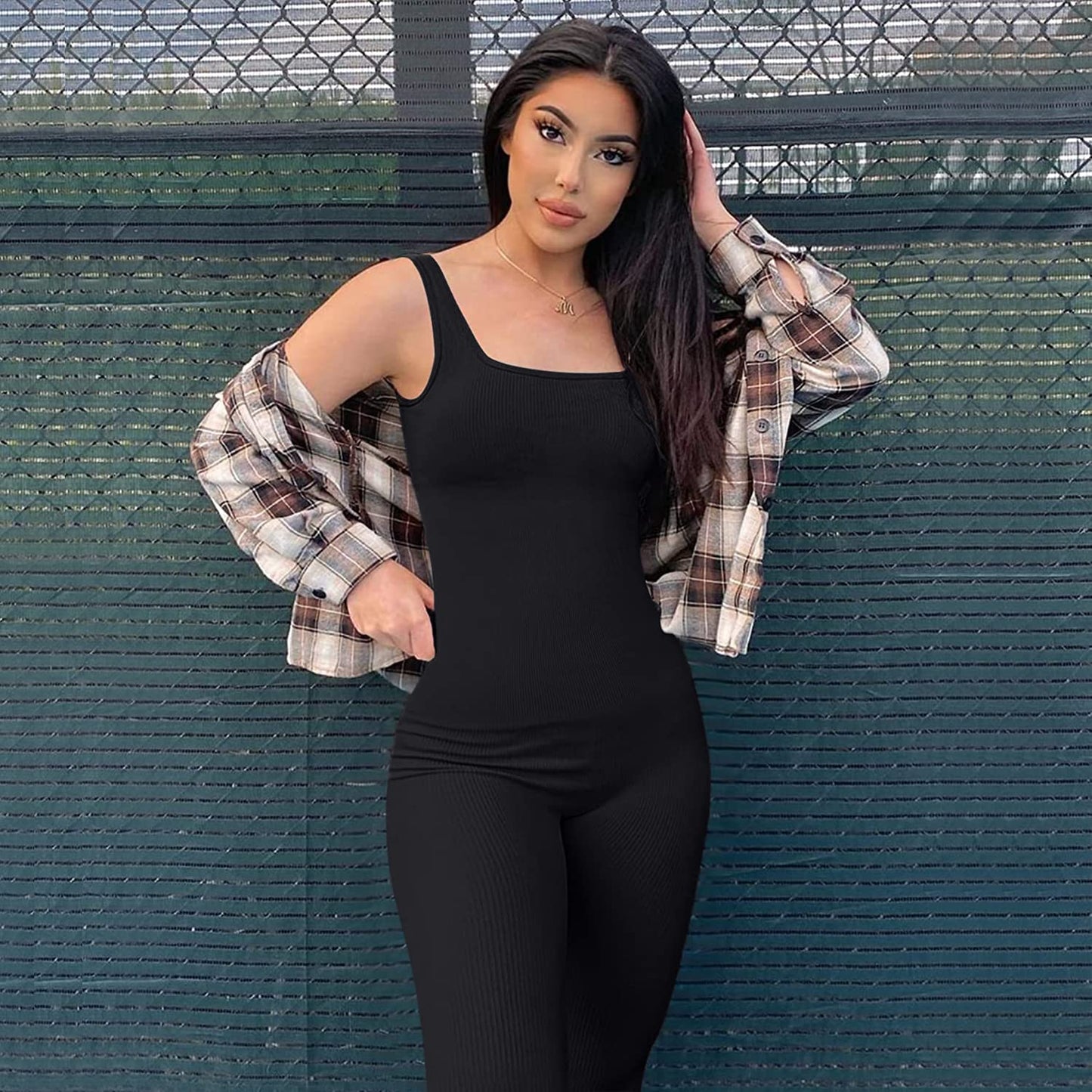 Minimalist Black Ribbed, Sleeveless Women's Yoga Full Length Jumpsuit