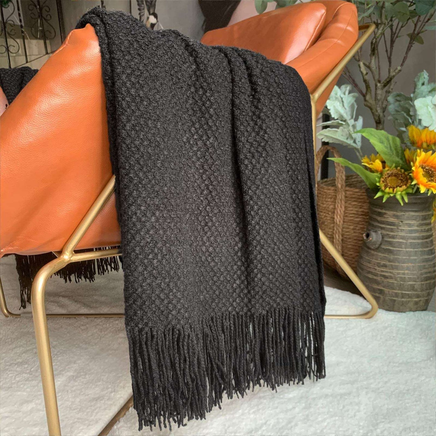 Minimalist Black Knitted Throw Blanket w/Tassels, 50"x60"