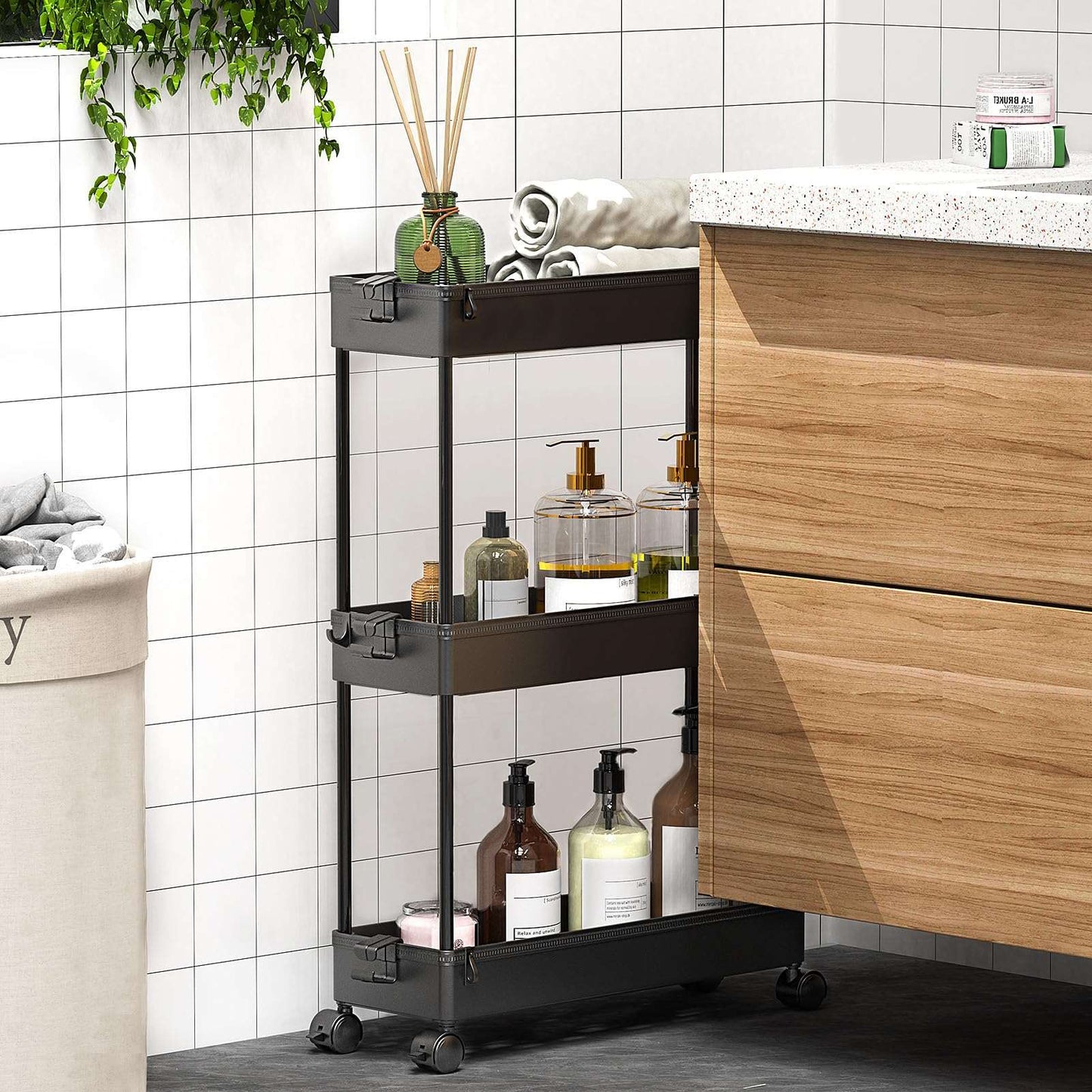 Minimalist Black 3 Tier Slim, Mobile Rolling Storage Cart for Narrow Spaces