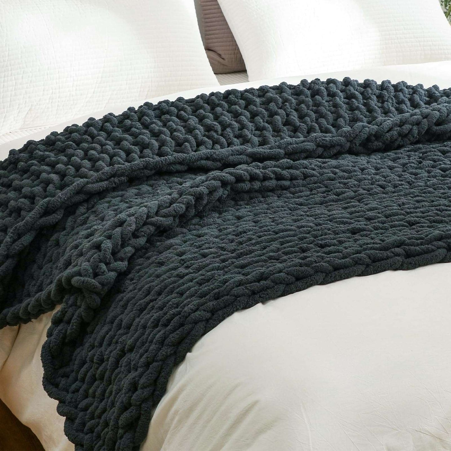 Minimalist Black Chunky Knit Jumbo Chenille Throw 51"x63", 100% Hand Knitted