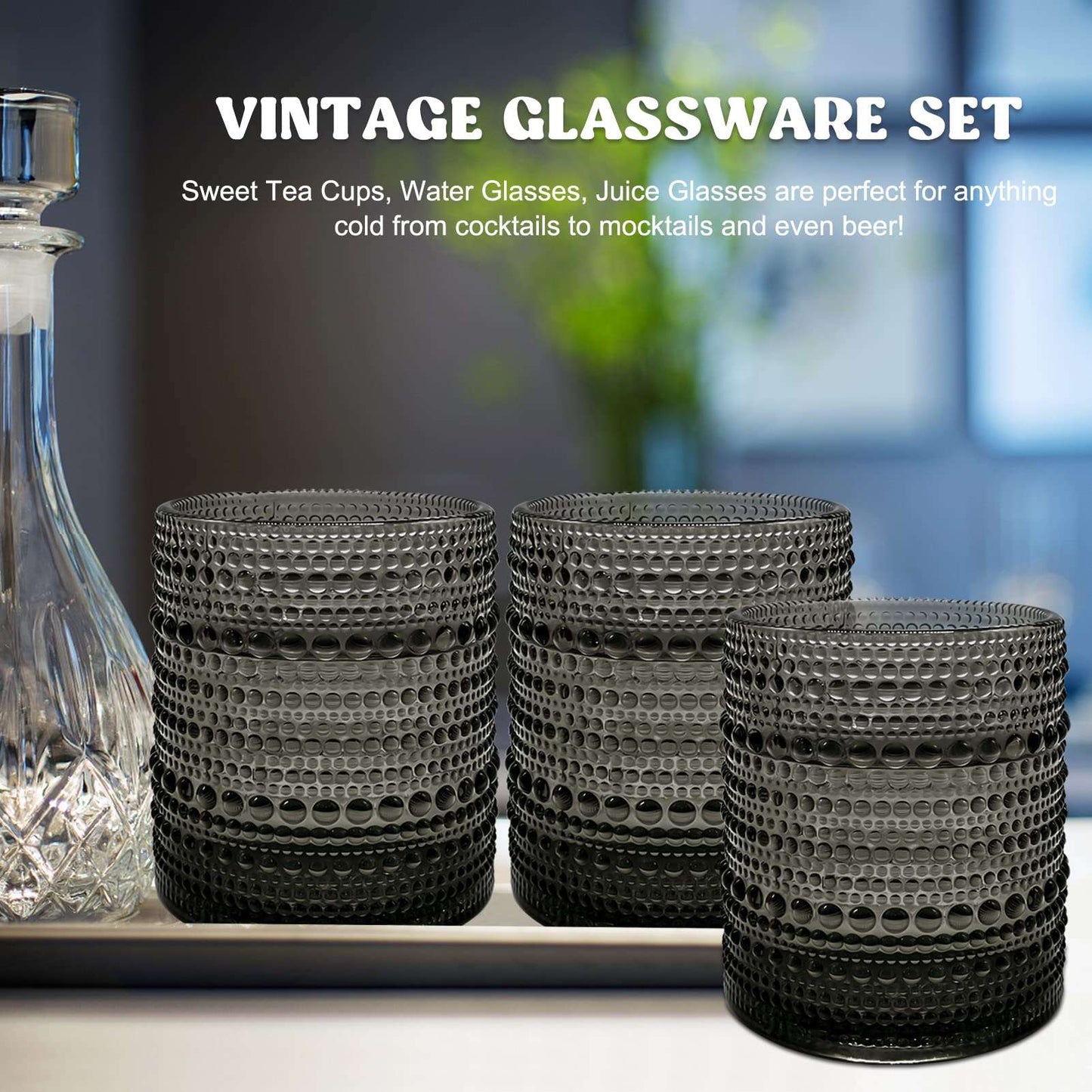 Minimalist Black American Atelier Vintage Art Deco Fluted 12oz Drinking Glasses, Set of 4