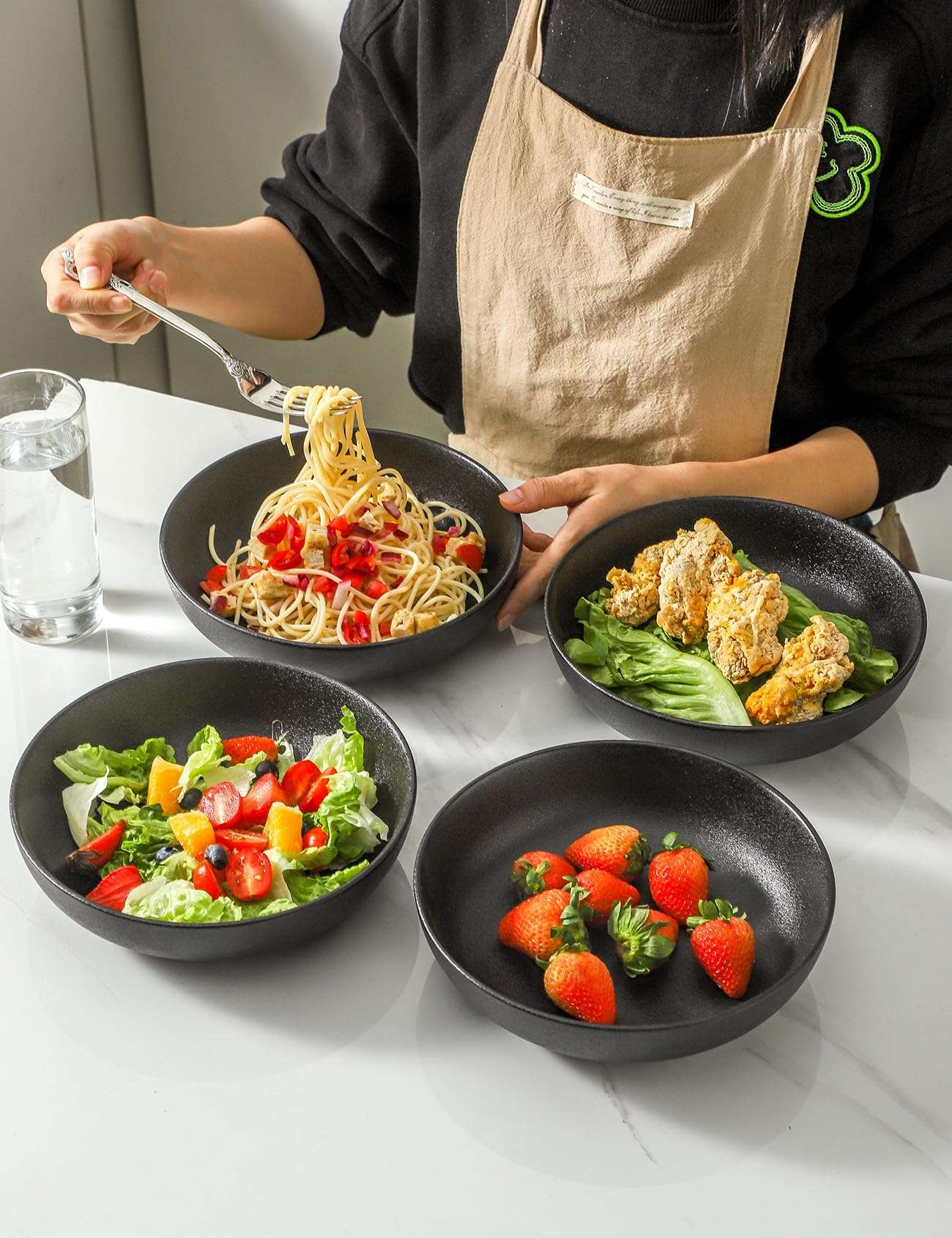 Minimalist Black Ceramic Plate Bowls, 40 oz, Set of 4
