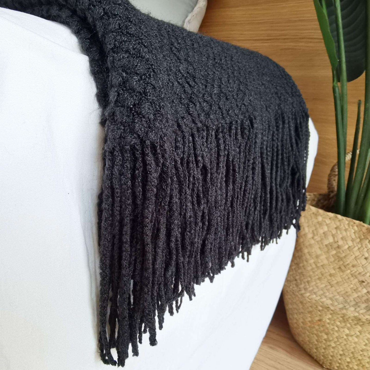 Minimalist Black Knitted Throw Blanket w/Tassels, 50"x60"