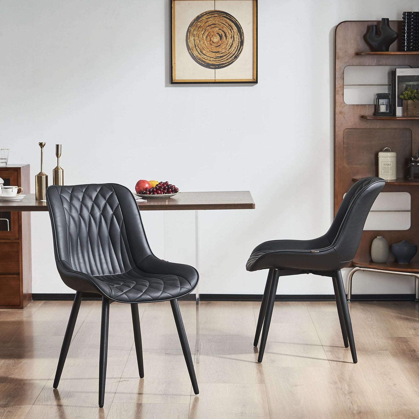 Minimalist Black Leather Upholstered Chairs, 2 pcs