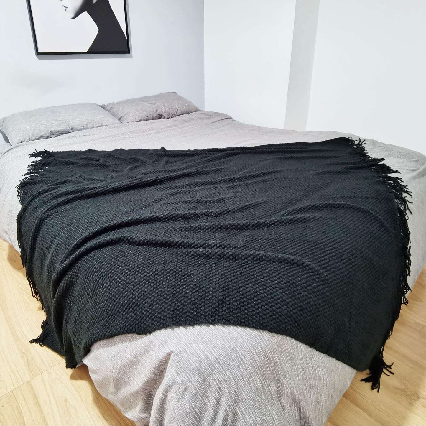 Minimalist Black Knitted Throw Blanket w/Tassels, 50"x60"