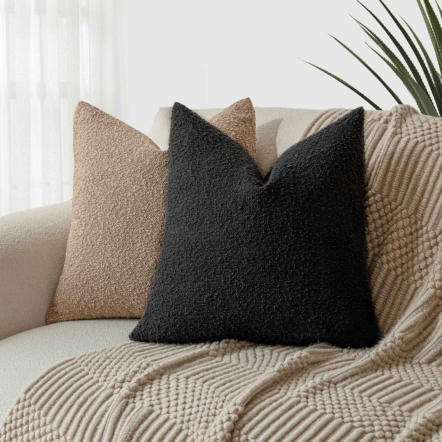 Minimalist Black Boucle 24 x 24 Inch Throw Pillow Covers for Bedroom, Living Room, Office, Set of 2