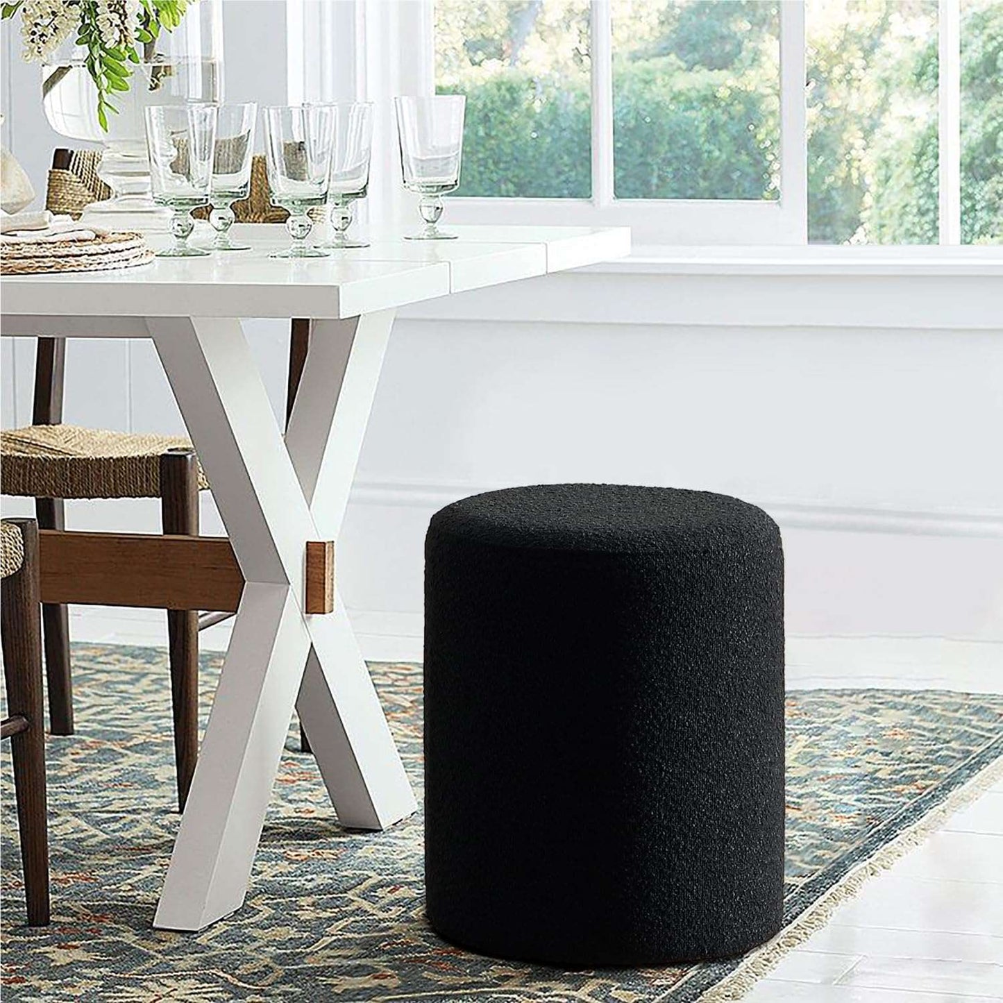 Minimalist Black Modern Round Upholstered Ottoman with Soft Padded Seat, Multifunctional Vanity Chair, Footrest, Stool, Ottoman Foot Stool for Living Room, Bedroom, Bathroom