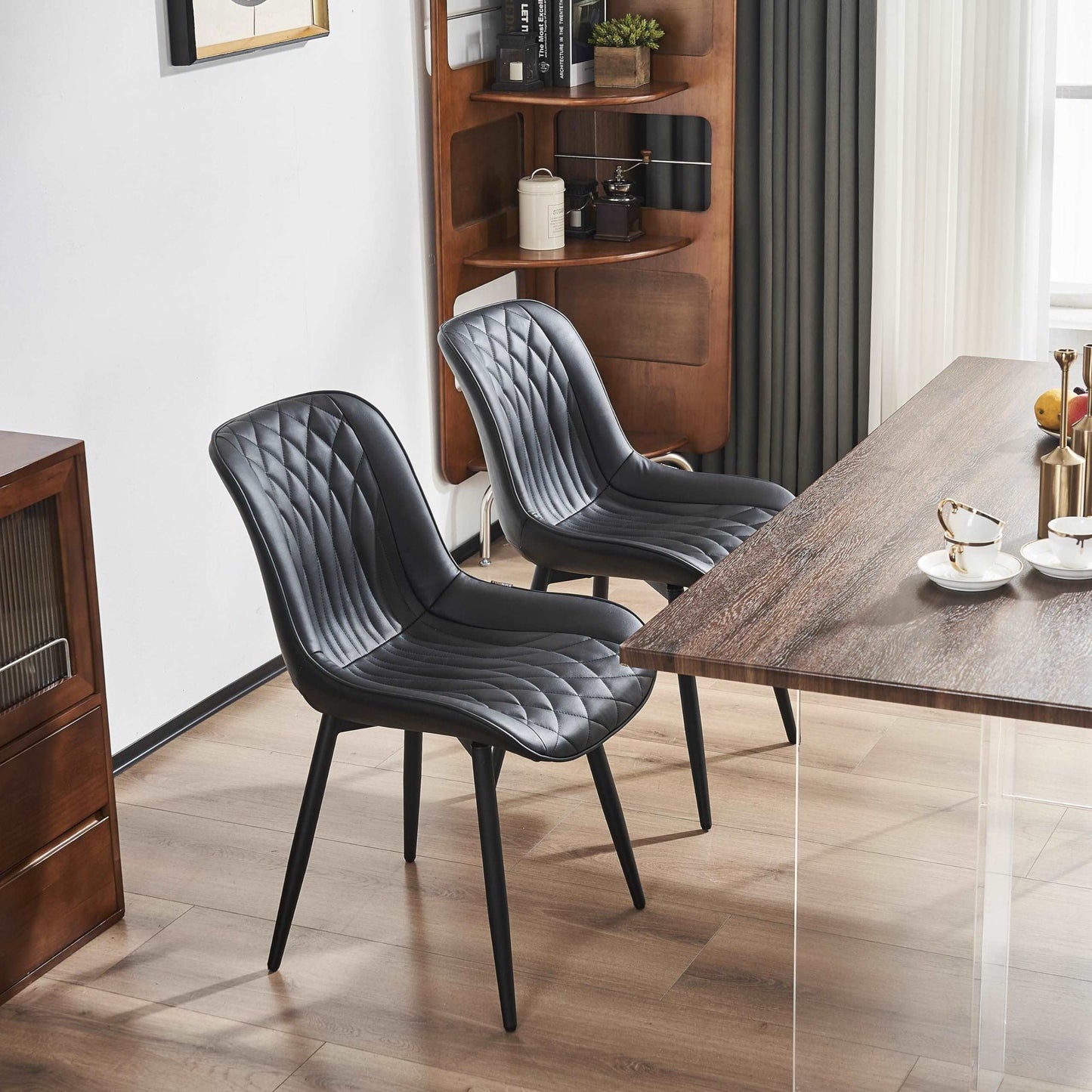 Minimalist Black Leather Upholstered Chairs, 2 pcs