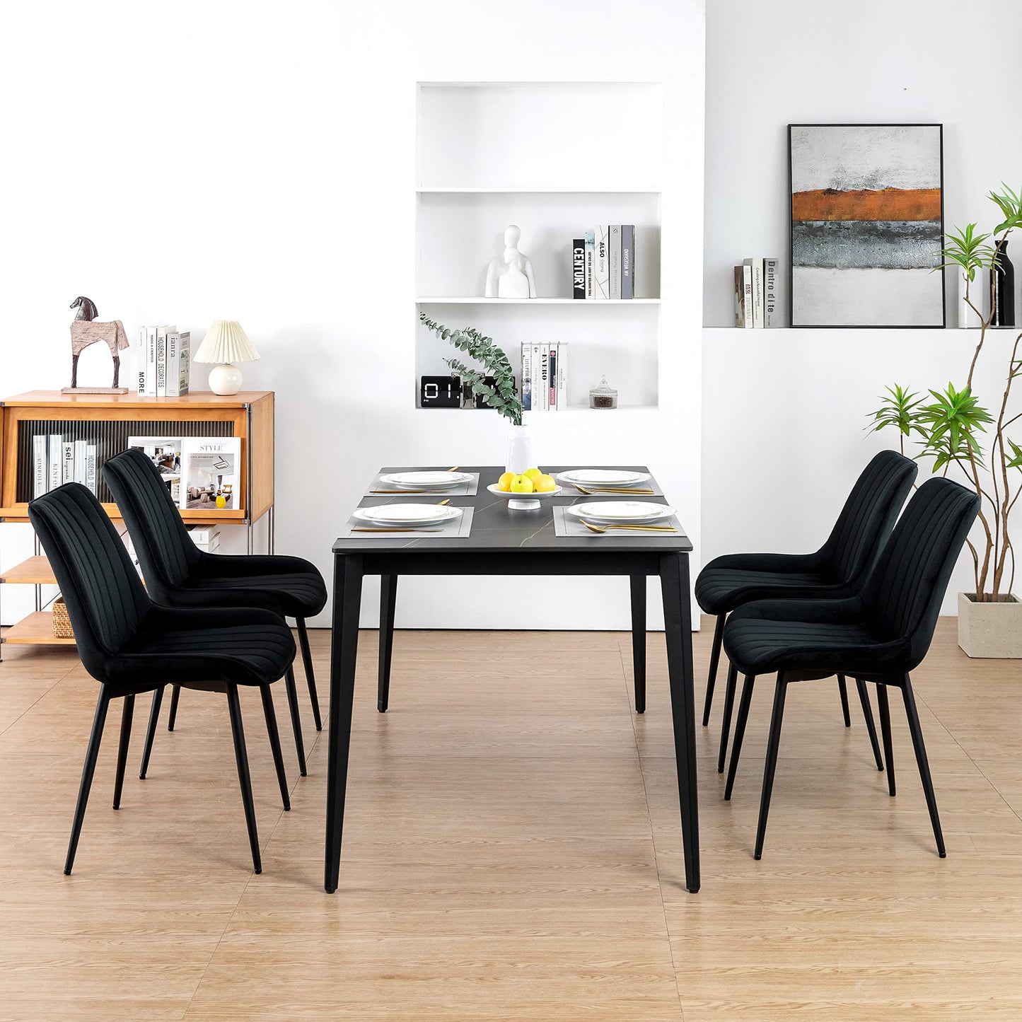 Minimalist Black Velvet Upholstered Chairs, Set of 2