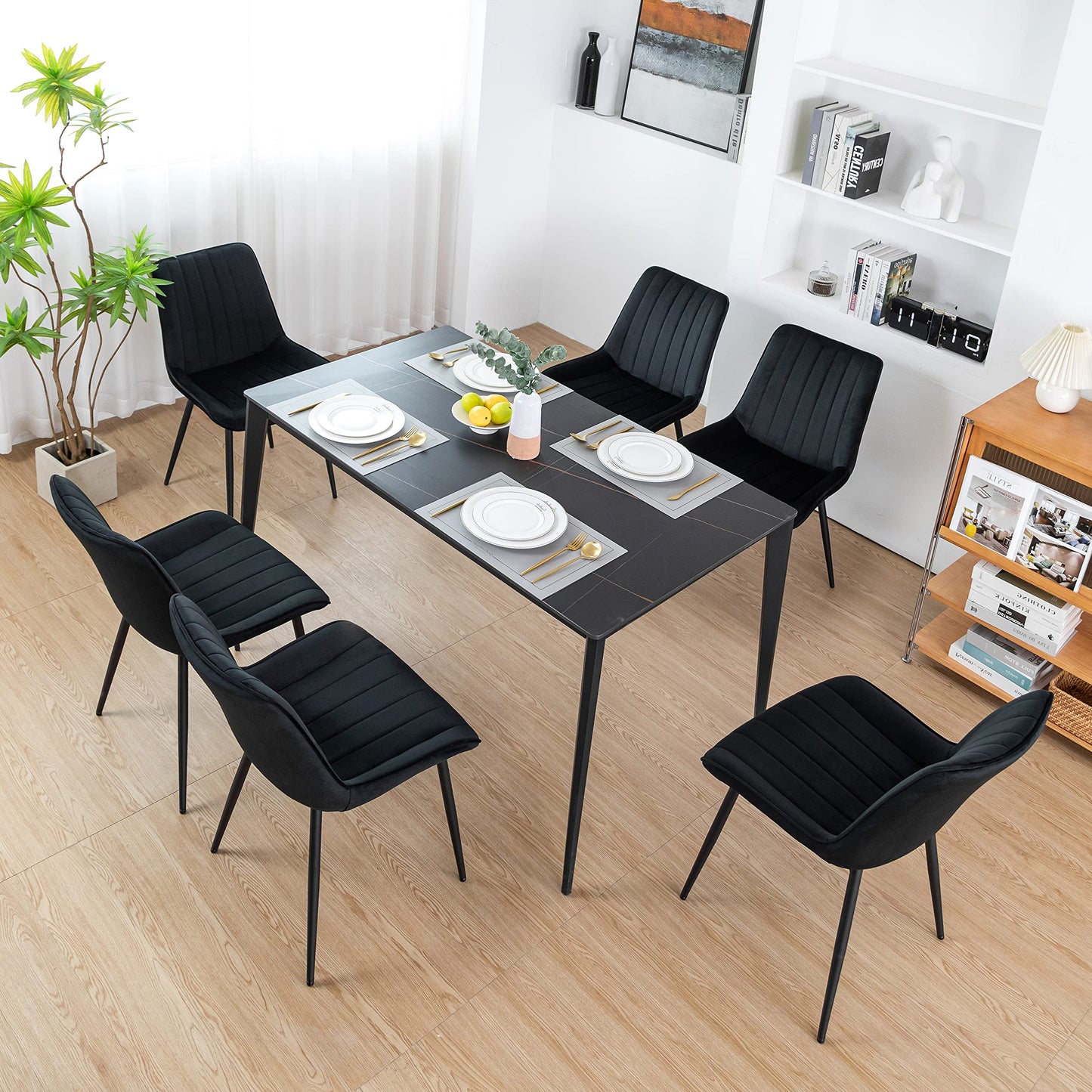 Minimalist Black Velvet Upholstered Chairs, Set of 2