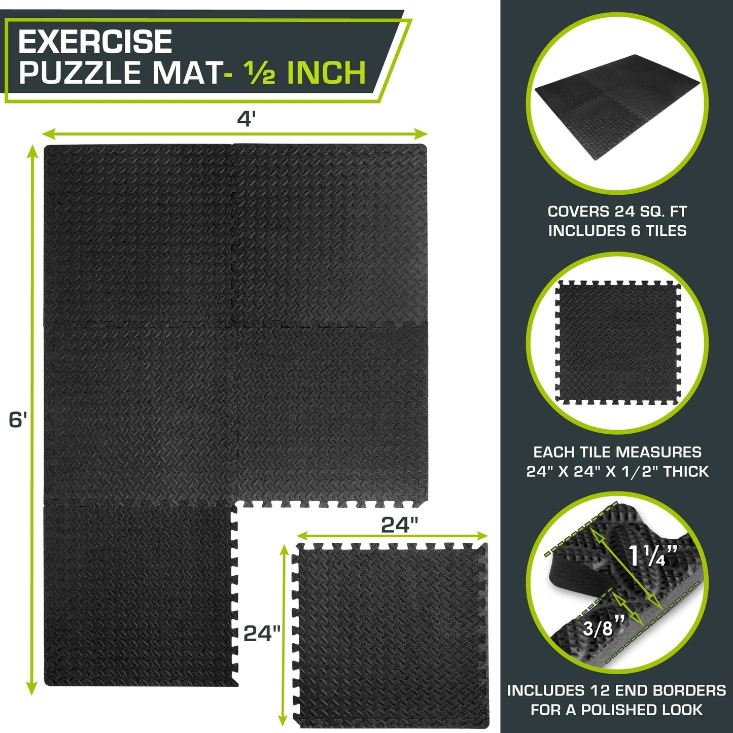 Minimalist Black EVA Interlocking Foam Floor Tiles, Exercise Mat for Home Gym, 24"x24"x ½", 24 Sq Ft / 6 Tile Set