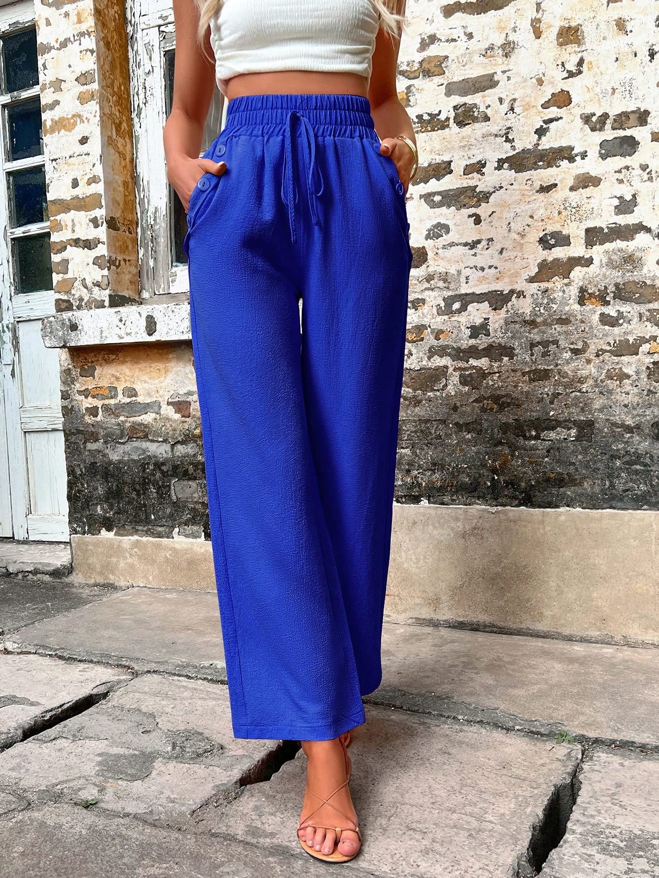 Minimalist Royal Blue Casual Elastic High Waist Tie Front Button Pocket Women's Wide Leg Pants