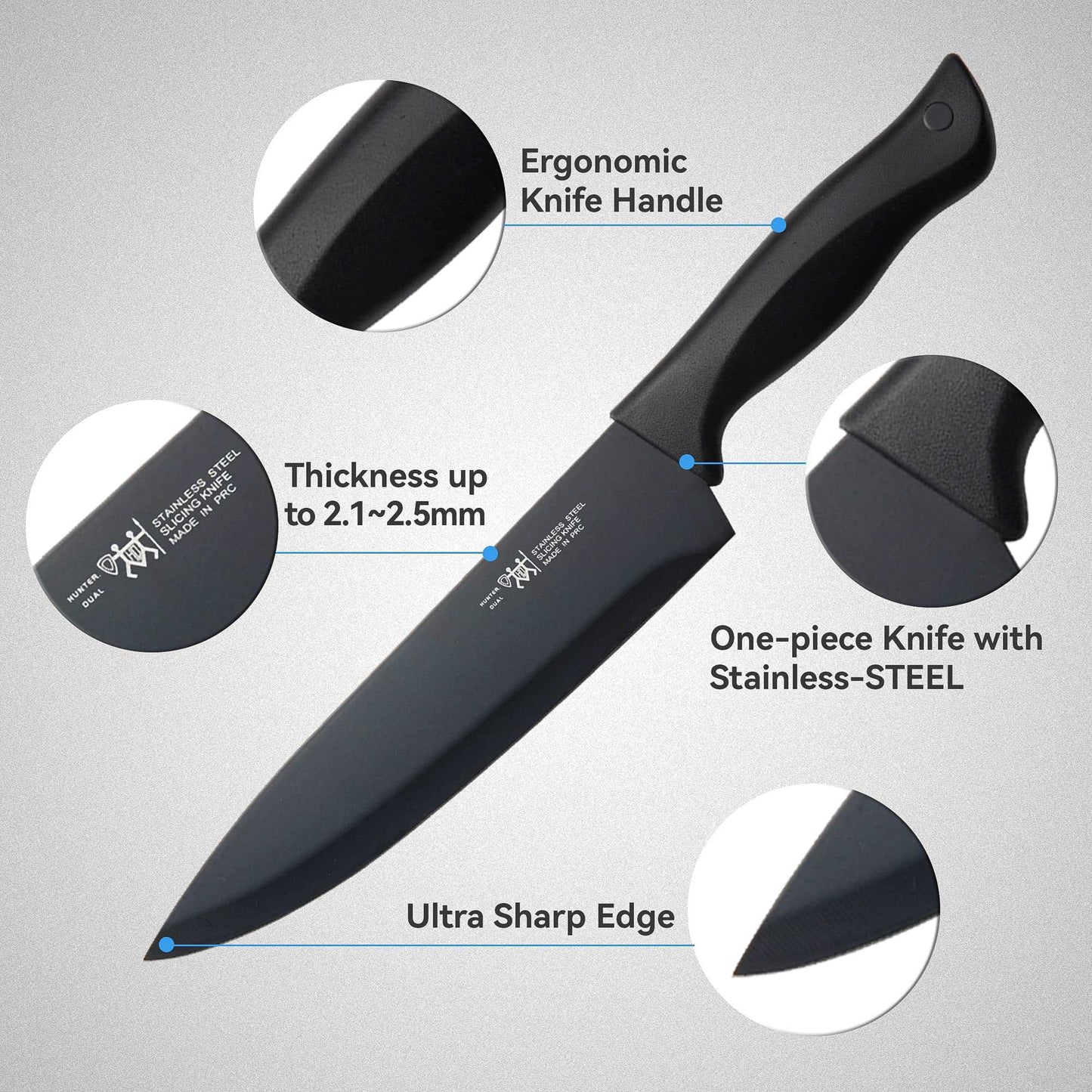 Minimalist Black HUNTER Knife Set, 15 Pc Kitchen Knife Set w/Block