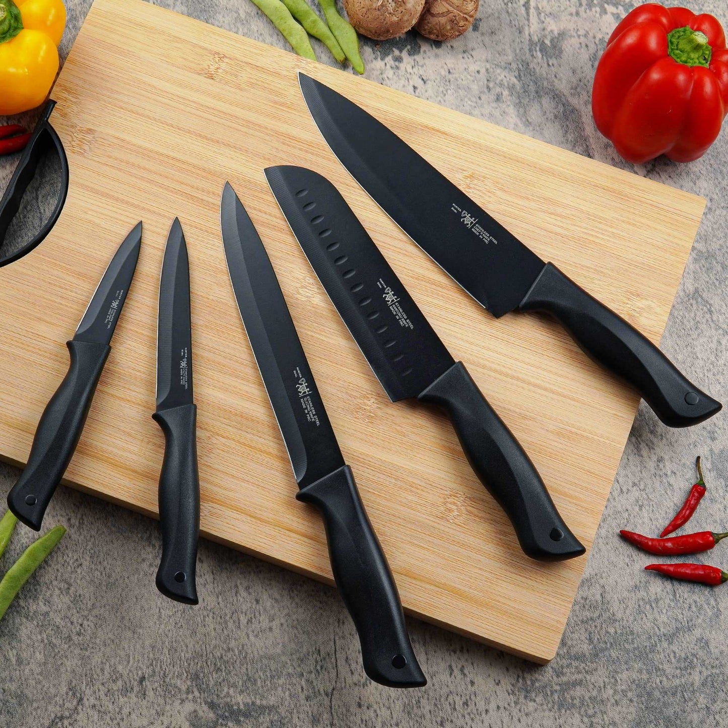 Minimalist Black HUNTER Knife Set, 15 Pc Kitchen Knife Set w/Block