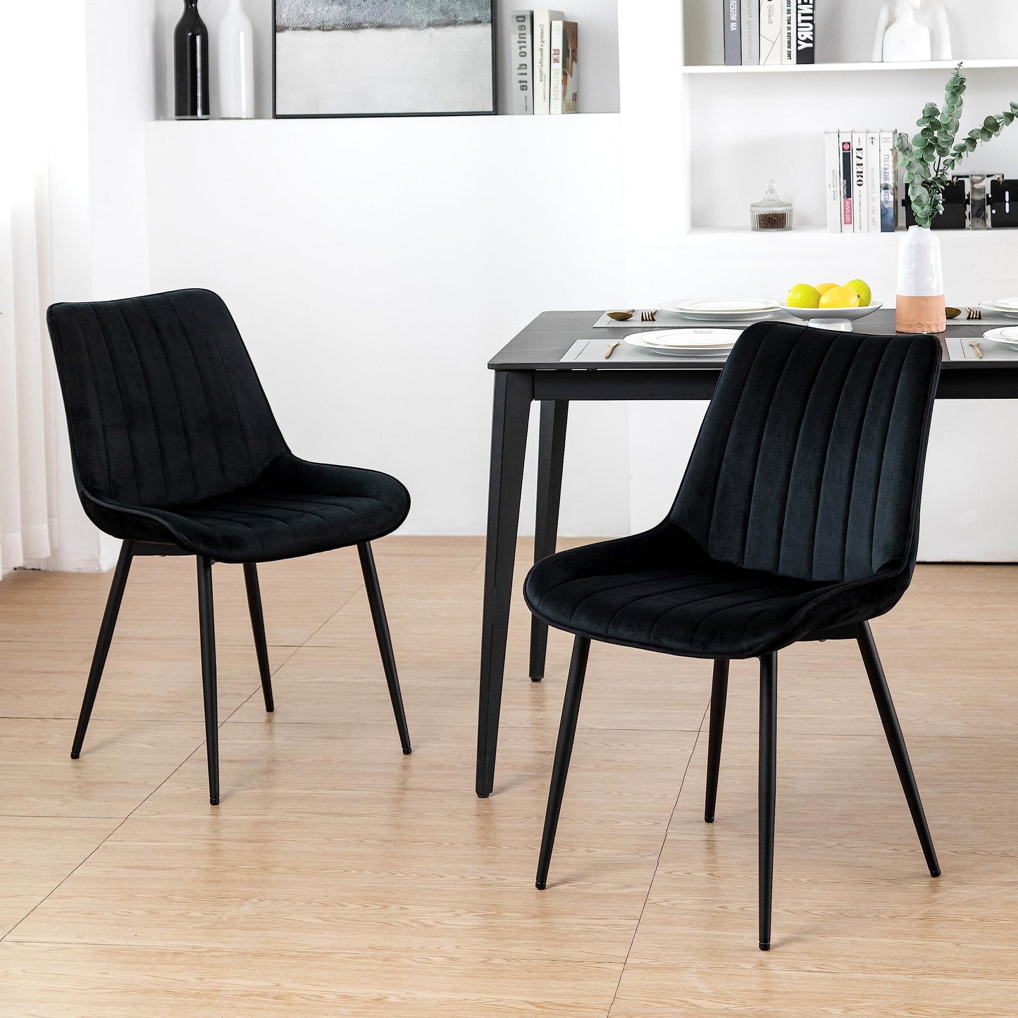 Minimalist Black Velvet Upholstered Chairs, Set of 2