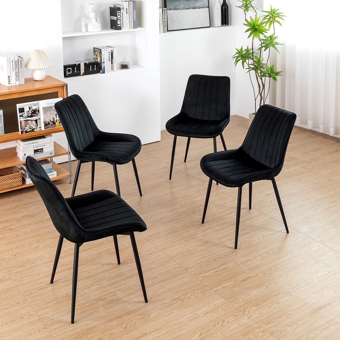 Minimalist Black Velvet Upholstered Chairs, Set of 2