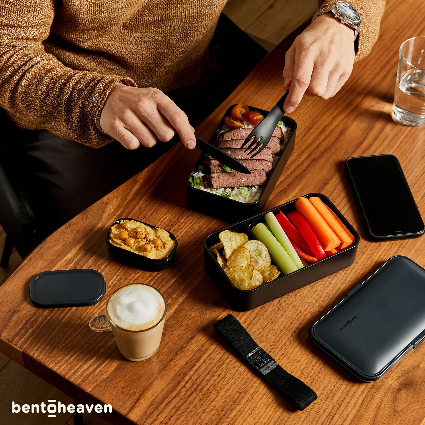 Minimalist Black Premium Bento Box w/2 Compartments (40oz), Cutlery, Chopsticks, Dip Container