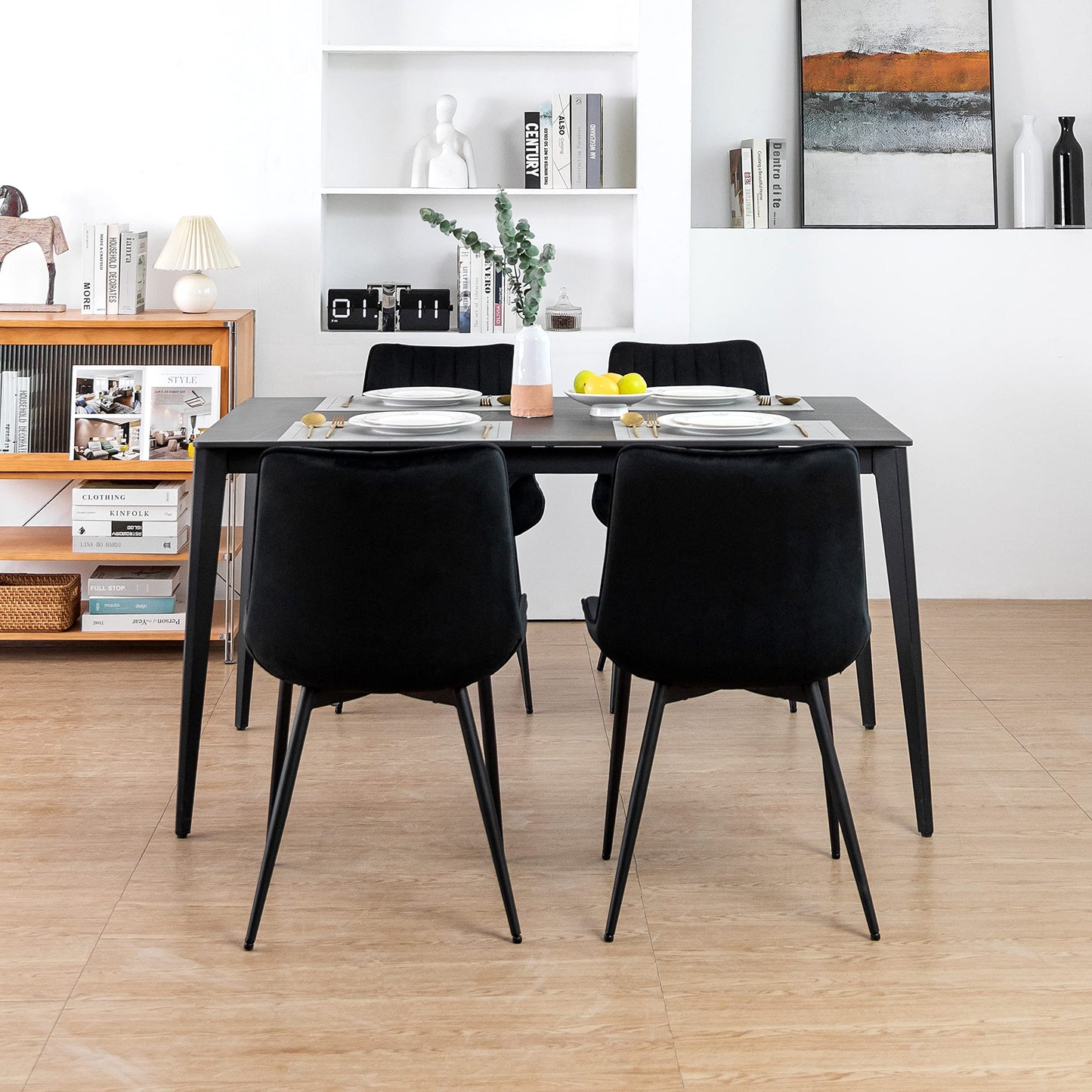 Minimalist Black Velvet Upholstered Chairs, Set of 2
