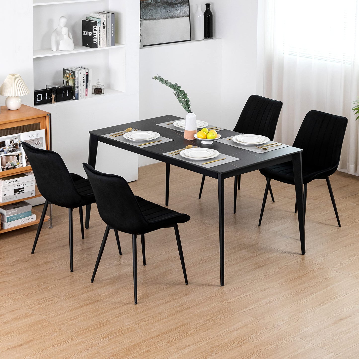 Minimalist Black Velvet Upholstered Chairs, Set of 2