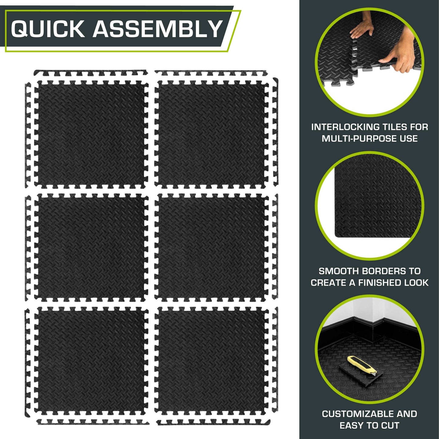 Minimalist Black EVA Interlocking Foam Floor Tiles, Exercise Mat for Home Gym, 24"x24"x ½", 24 Sq Ft / 6 Tile Set