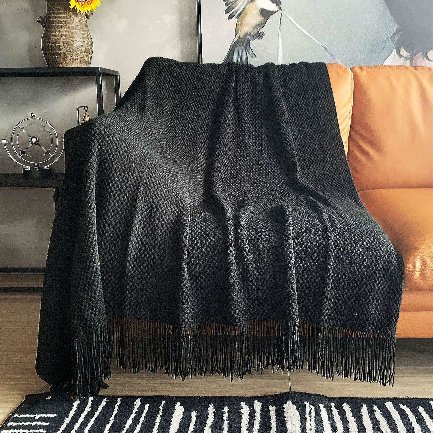 Minimalist Black Knitted Throw Blanket w/Tassels, 50"x60"