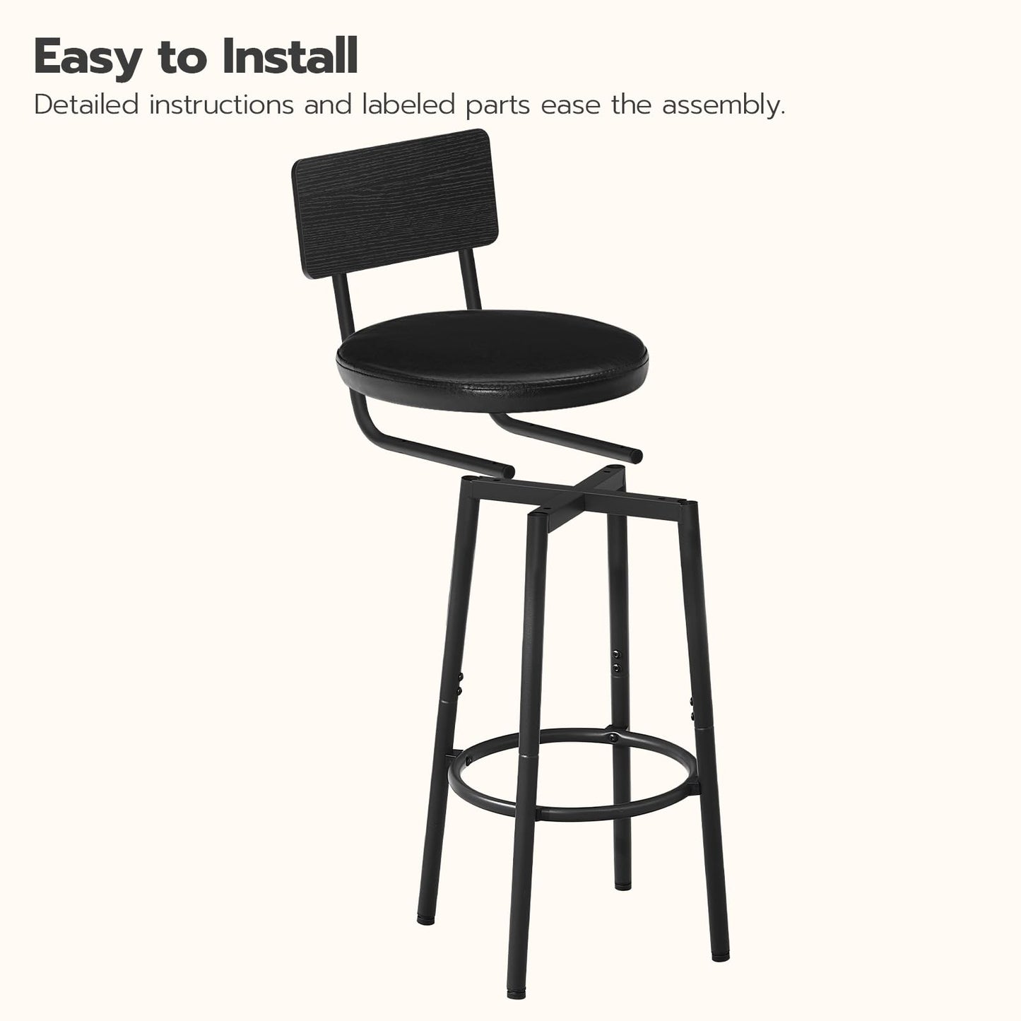 Minimalist Black Bar/Counter Stools with Backrest, Footrest, Set of 2