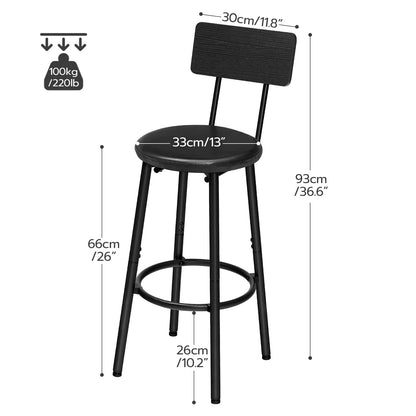 Minimalist Black Bar/Counter Stools with Backrest, Footrest, Set of 2