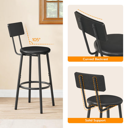 Minimalist Black Bar/Counter Stools with Backrest, Footrest, Set of 2