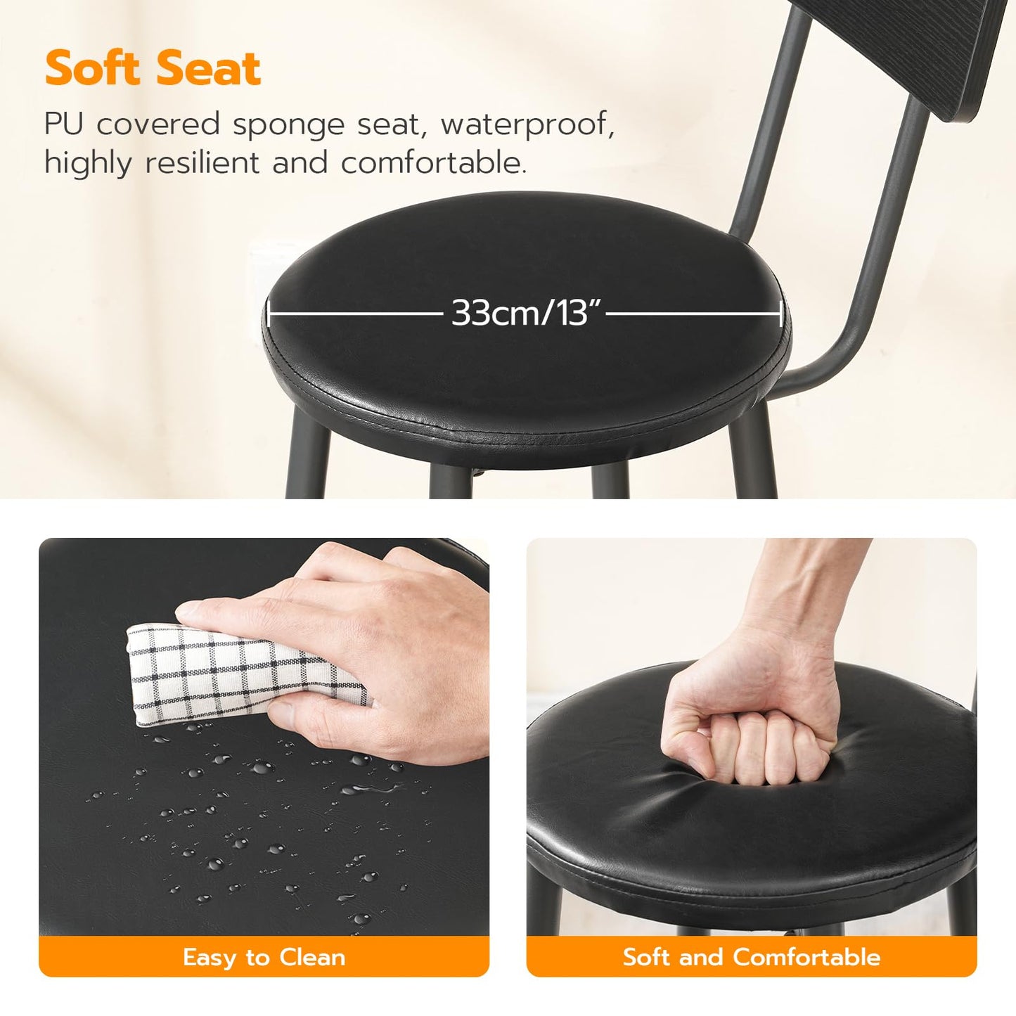 Minimalist Black Bar/Counter Stools with Backrest, Footrest, Set of 2