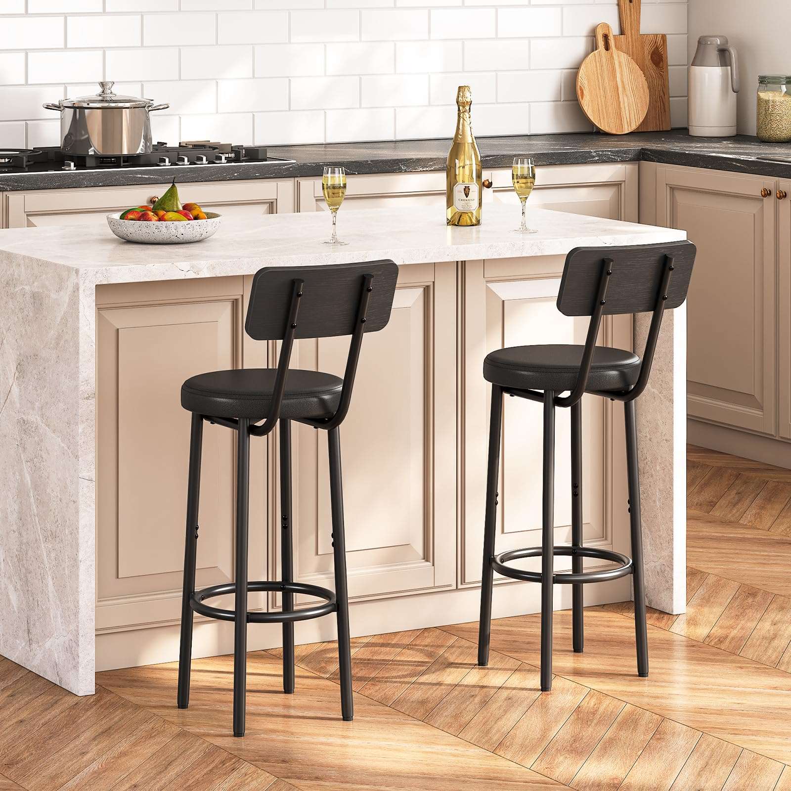 Minimalist Black Bar/Counter Stools with Backrest, Footrest, Set of 2