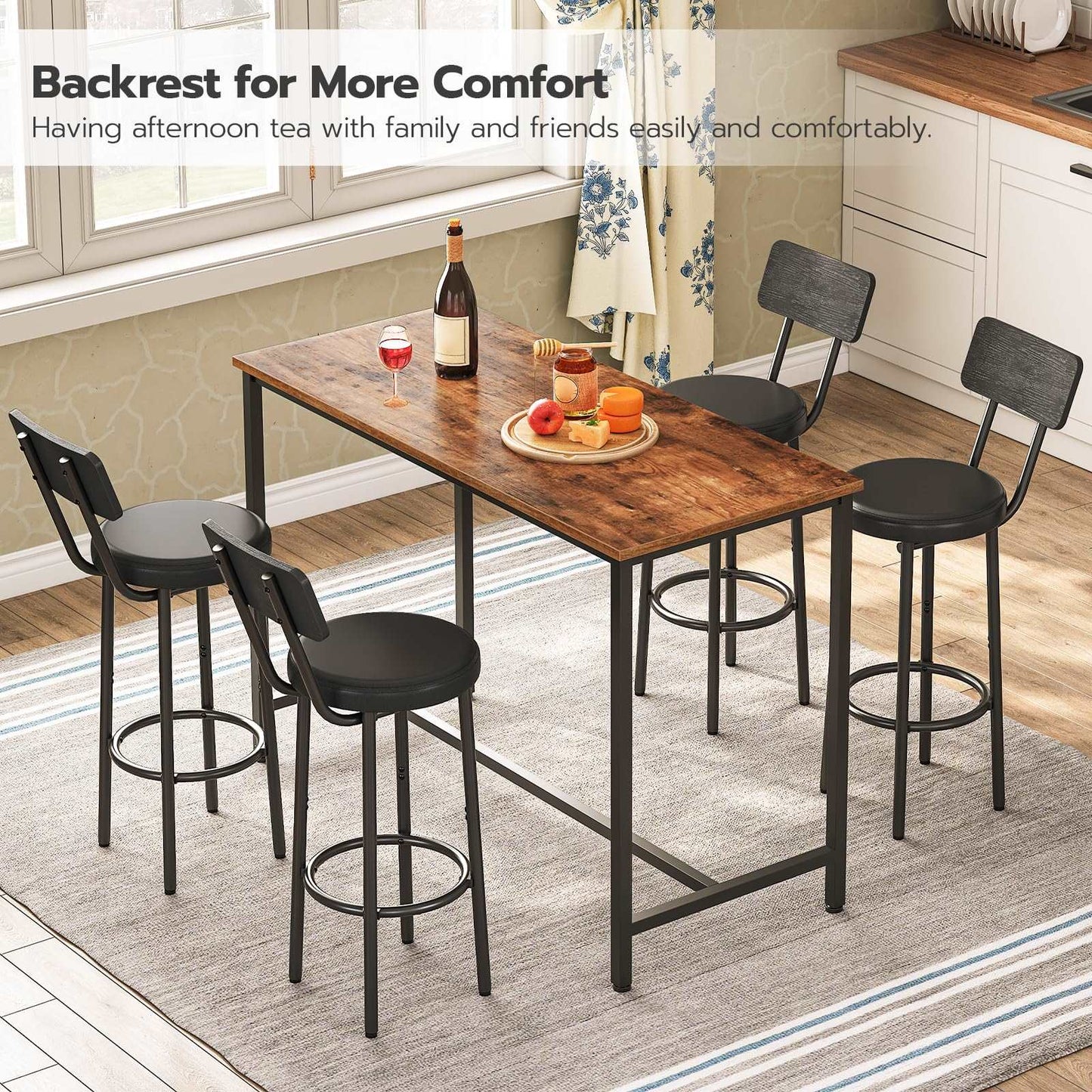 Minimalist Black Bar/Counter Stools with Backrest, Footrest, Set of 2