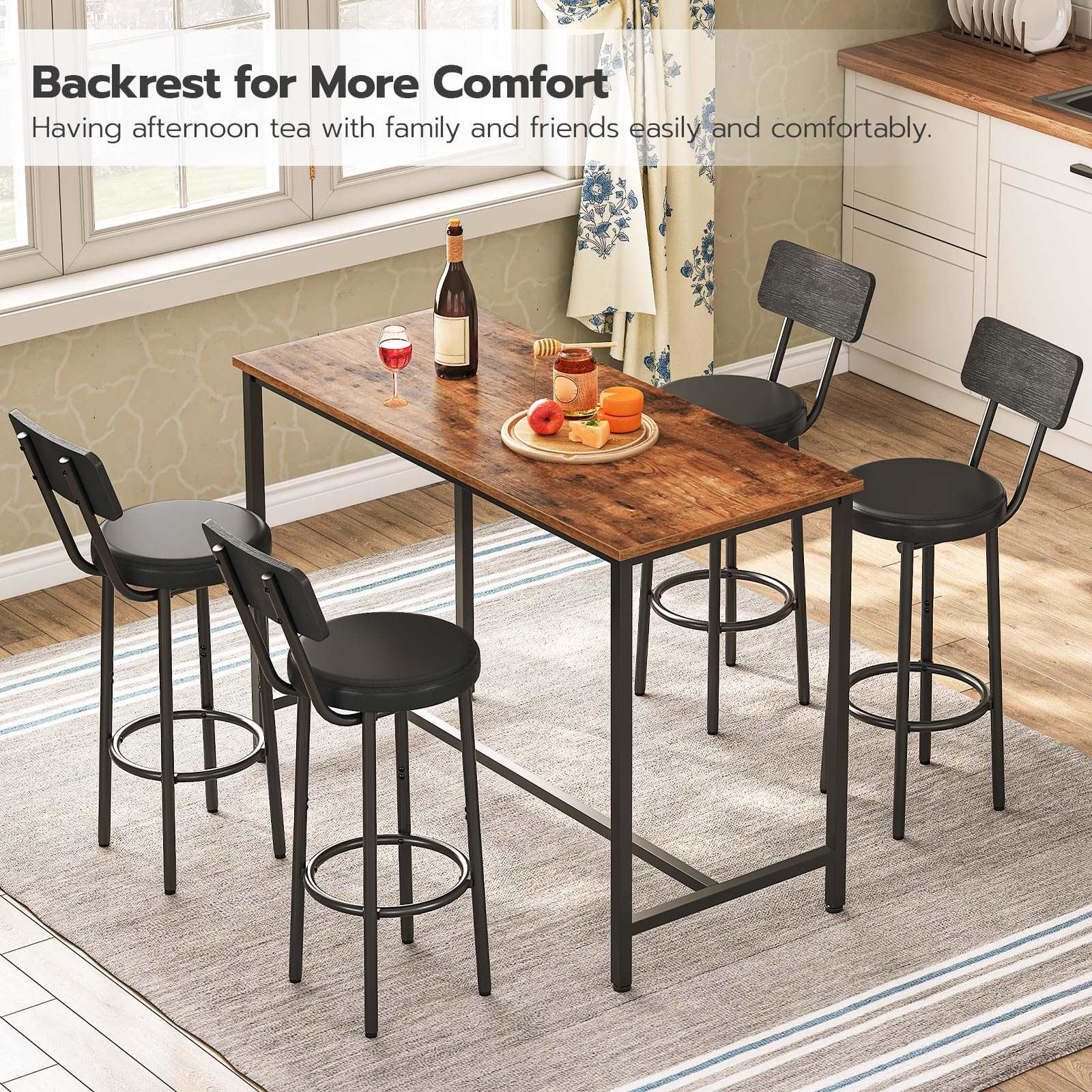 Minimalist Black Bar/Counter Stools with Backrest, Footrest, Set of 2